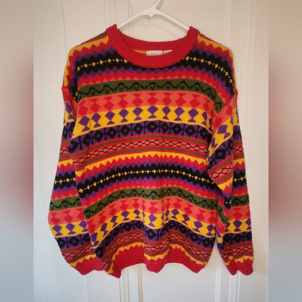 Vintage 80s 90s Interim Geometric Knit Sweater Bold Colorful Sz small Coogi Vibe - Picture 3 of 10